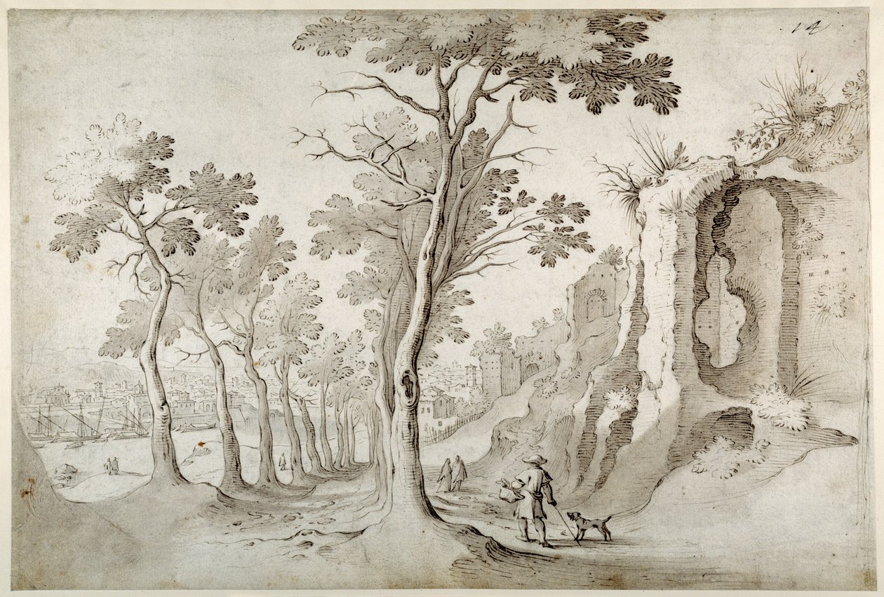 View of the Porta Ripa from an avenue of trees amongst ruins on the Aventine looking down on S. Maria dell