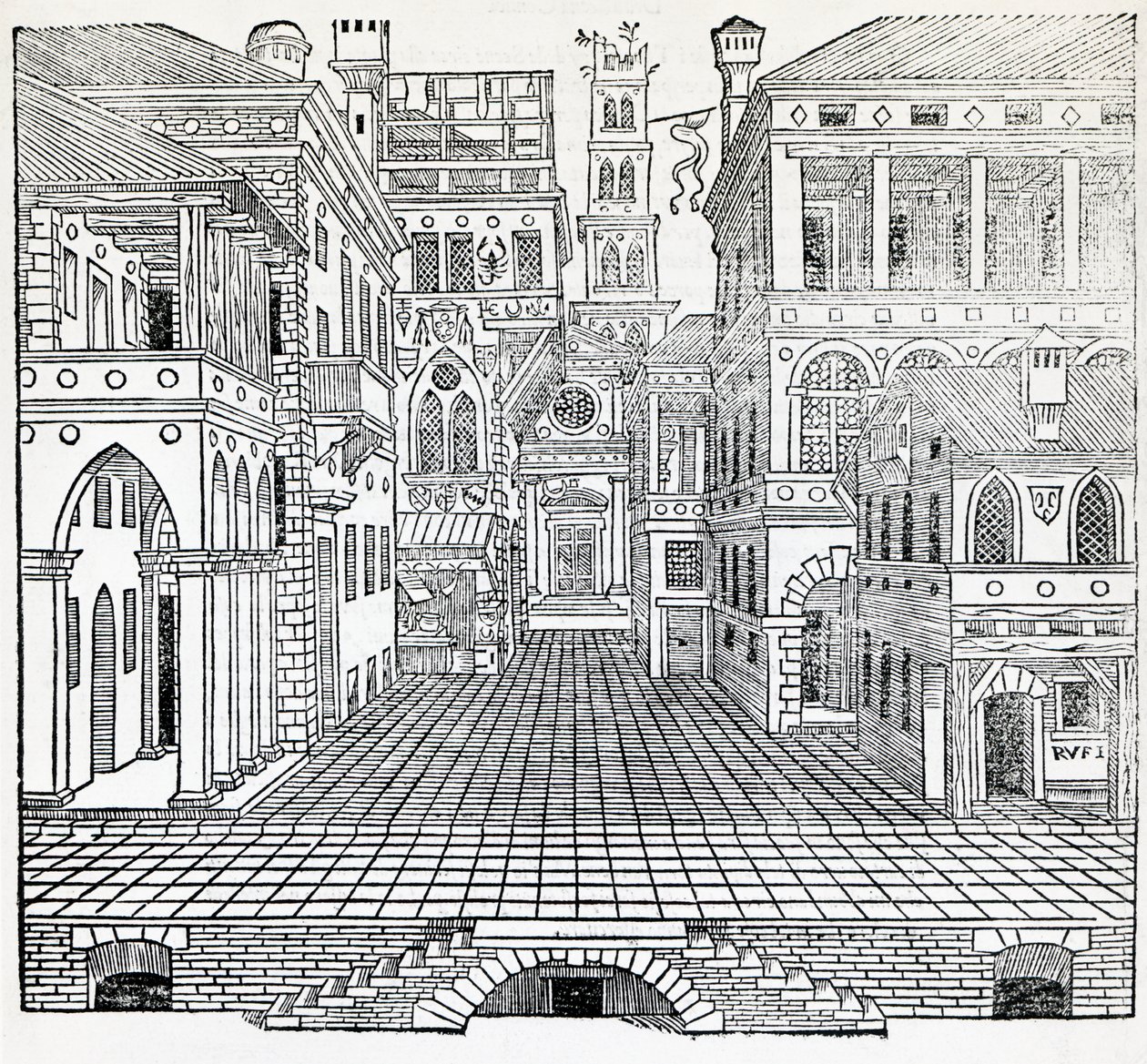Magic scene, theatrical scene design, illustration from Treatise on Architecture, Book II by Sebastiano Serlio