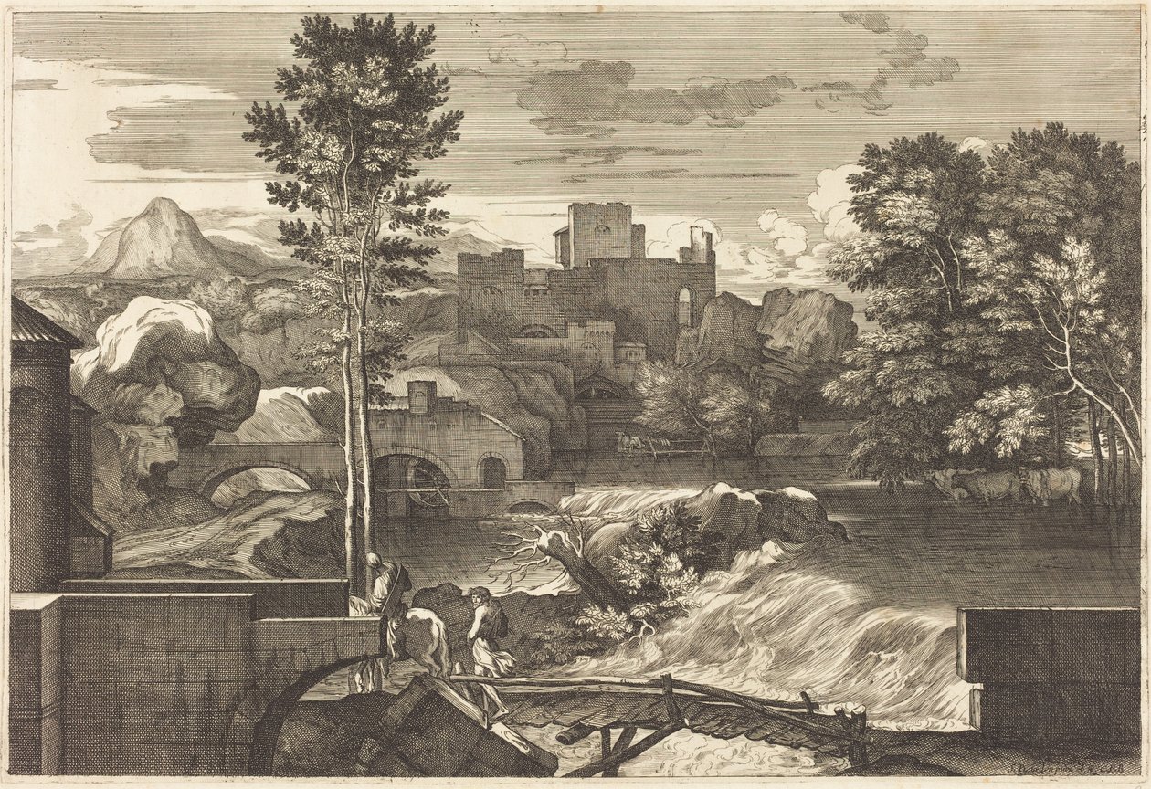 Landscape with Two Figures on a Bridge by Sébastien Bourdon