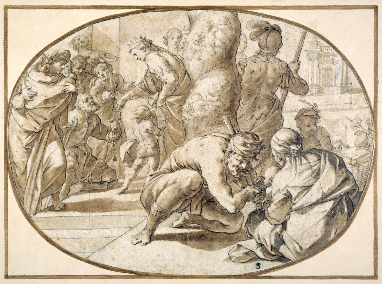 A Queen distributing alms to a crippled beggar in the temple at Jerusalem, early 17th century by Second School of Fontainebleau