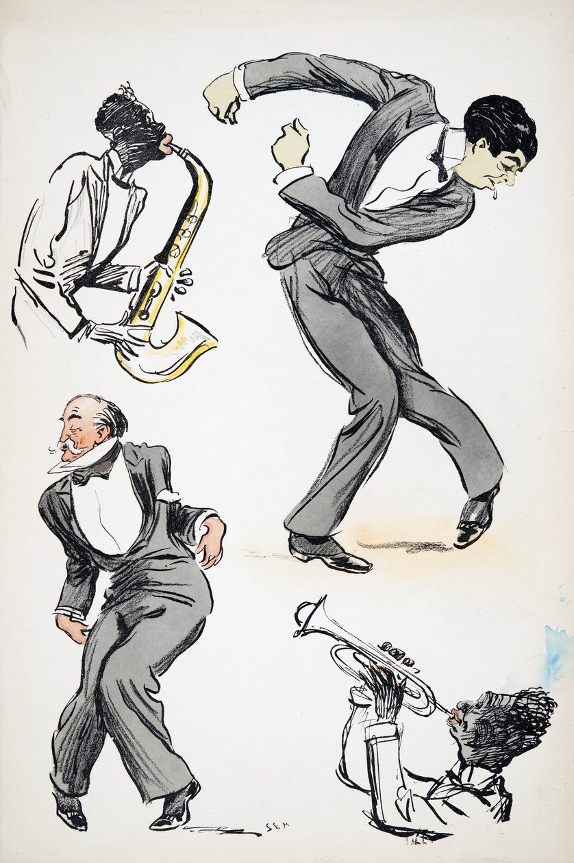 Two men in suits dancing while two musicians play the saxophone and trumpet, from White Bottoms, pub. 1927 by Sem