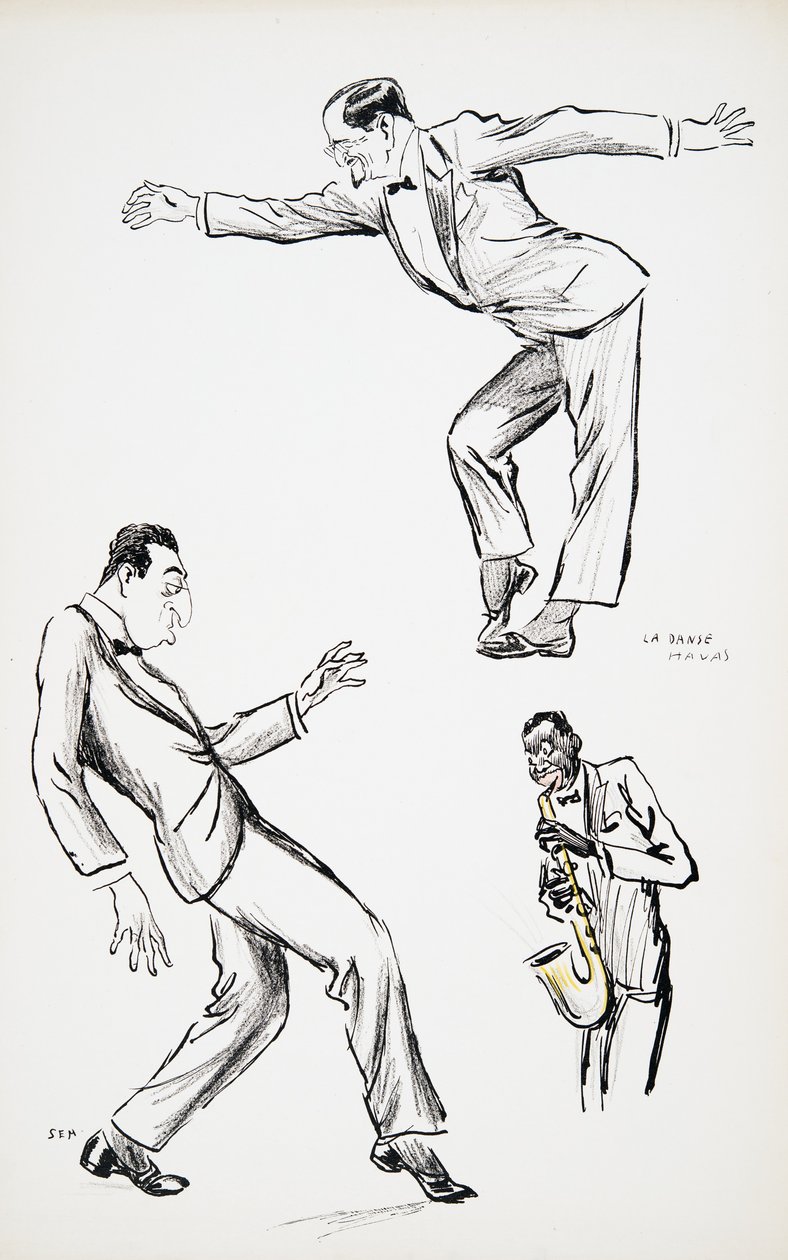 Two gentlemen in black tie perform La Danse Havas to the saxophone, from White Bottoms, pub. 1927 by Sem