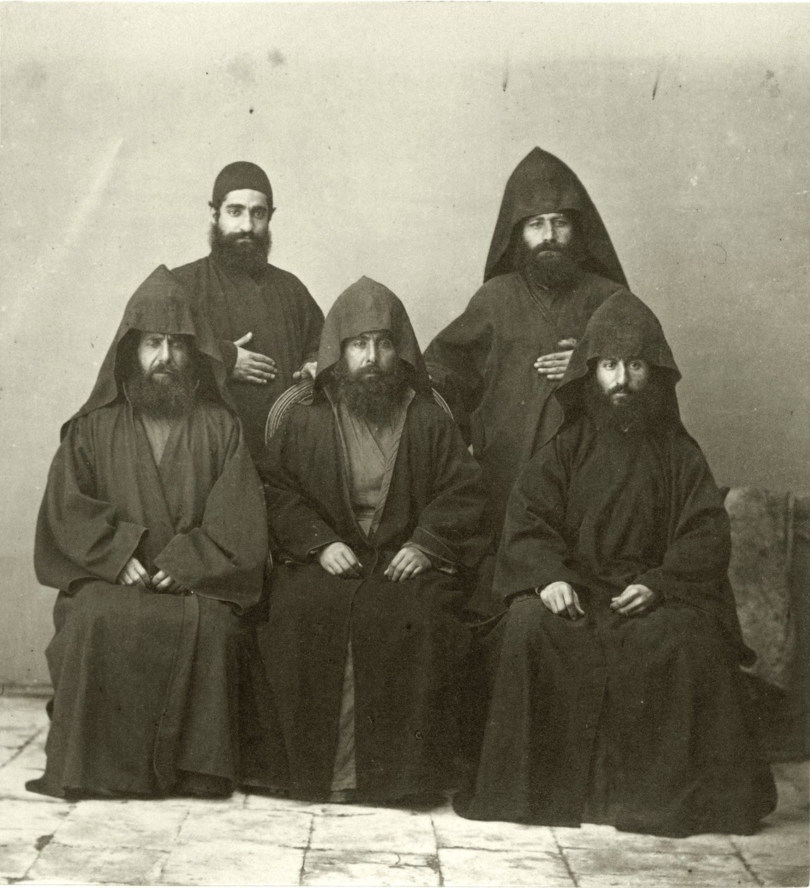 Group of 5 Armenian Priests in the Courtyard of the Mediterranean Hotel, Jerusalem, 1867 by Sergeant Henry Phillips