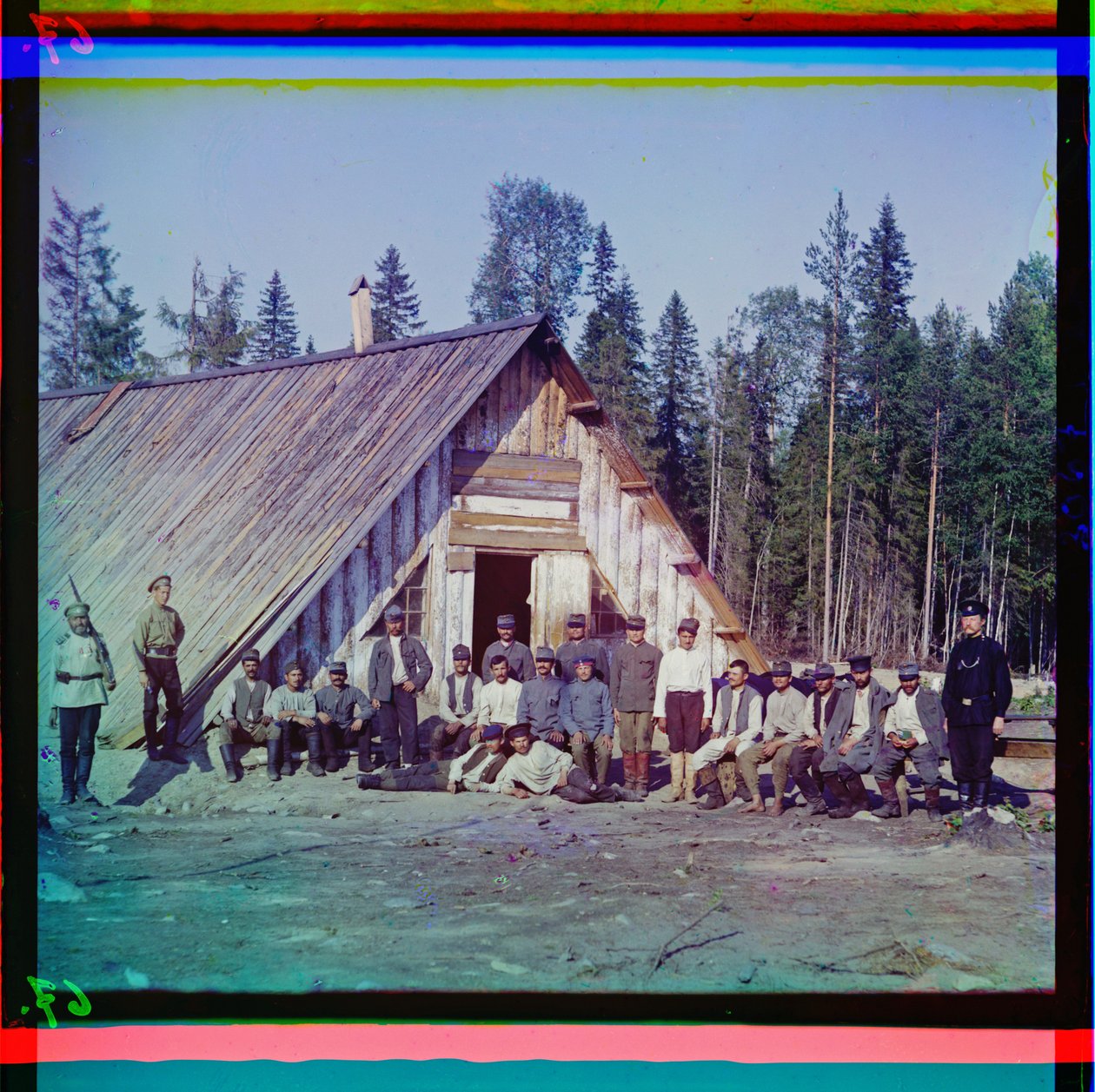 Austrian prisoners of war before their barracks in Karelia after the failed winter offensive, Russia, 1915 by Sergey Prokudin Gorsky