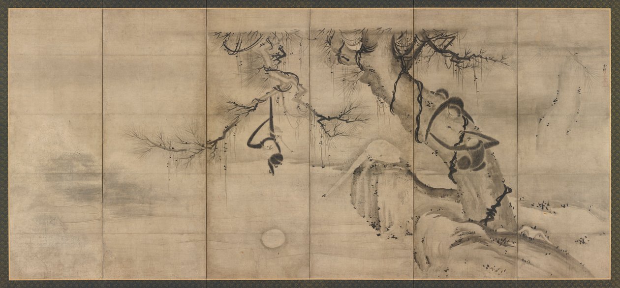 Monkeys and trees on a river bank, Momoyama period by Sesson Shukei