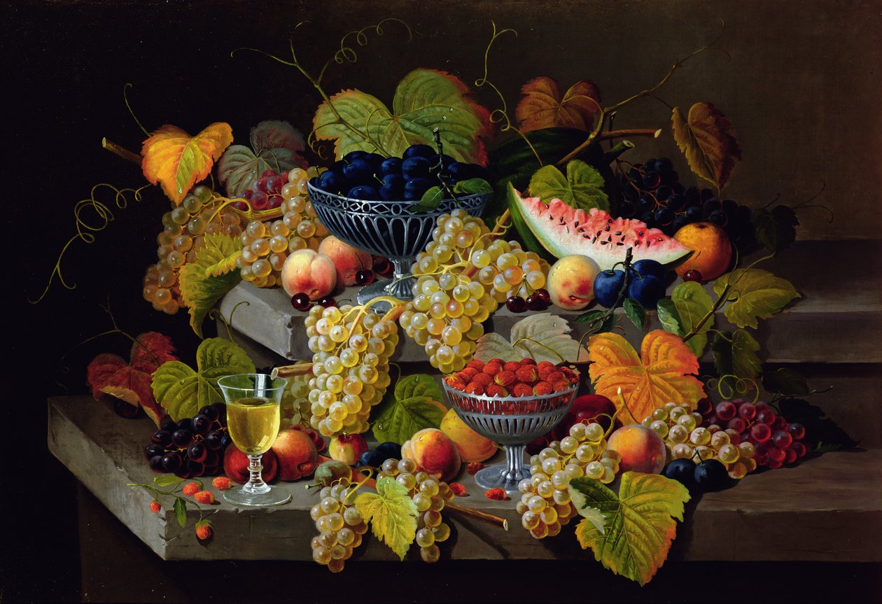 Still Life of Melon, Plums, Grapes, Peaches, Cherries, Strawberries on Stone Ledges by Severin Roesen