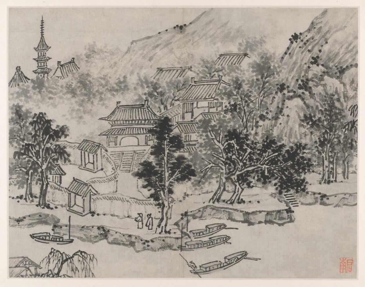 Twelve Views of Tiger Hill, Suzhou: Distant View of Tiger Hill from the Canal Mooring by Shen Zhou