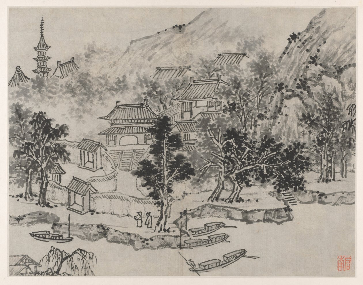 Twelve Views of Tiger Hill, Suzhou: Distant View of Tiger Hill from the Canal Mooring, after 1490 by Shen Zhou