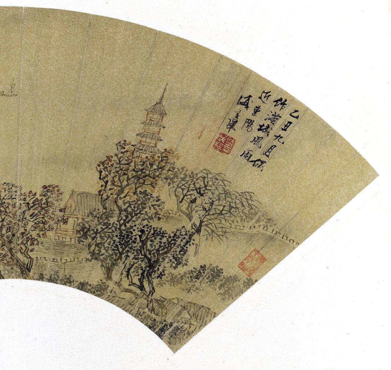 (Detail) Landscape with Pagoda, Houses and Boats by Sheng Maoye