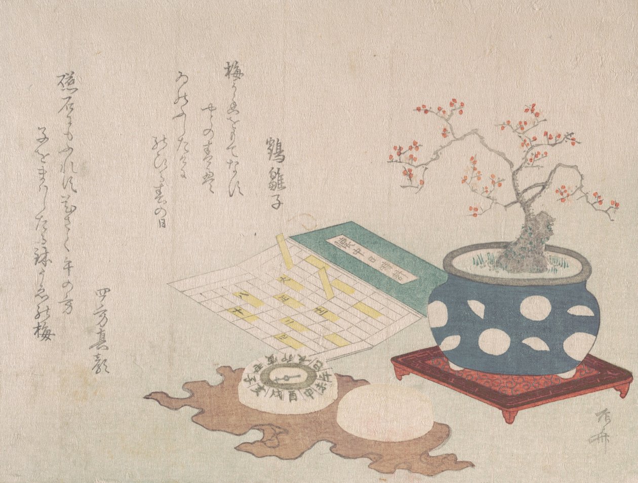 Bonsai Plum, Compass, and Pocket Sundial with Design of Calendar, from Spring Rain Surimon by Shinsai