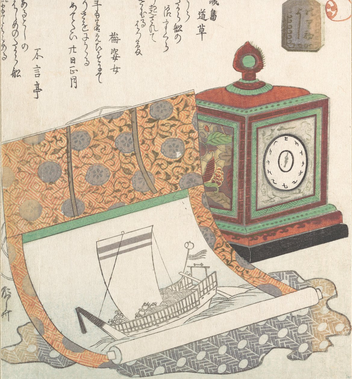 Table-Clock and Kakemono of a Treasure Boat, 19th century by Shinsai