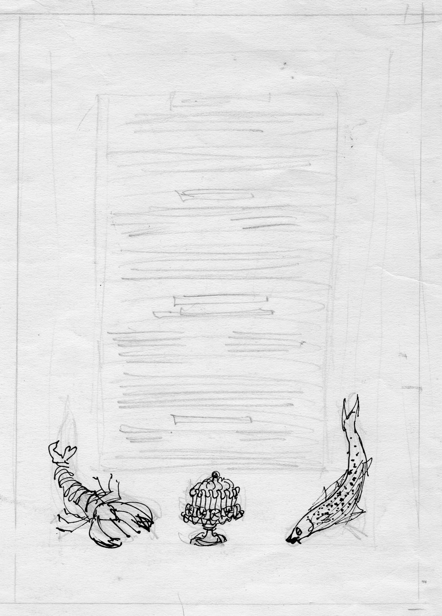 Lobster, Fish and Cake, Menu Design, c. 1950 by Shirley Markham