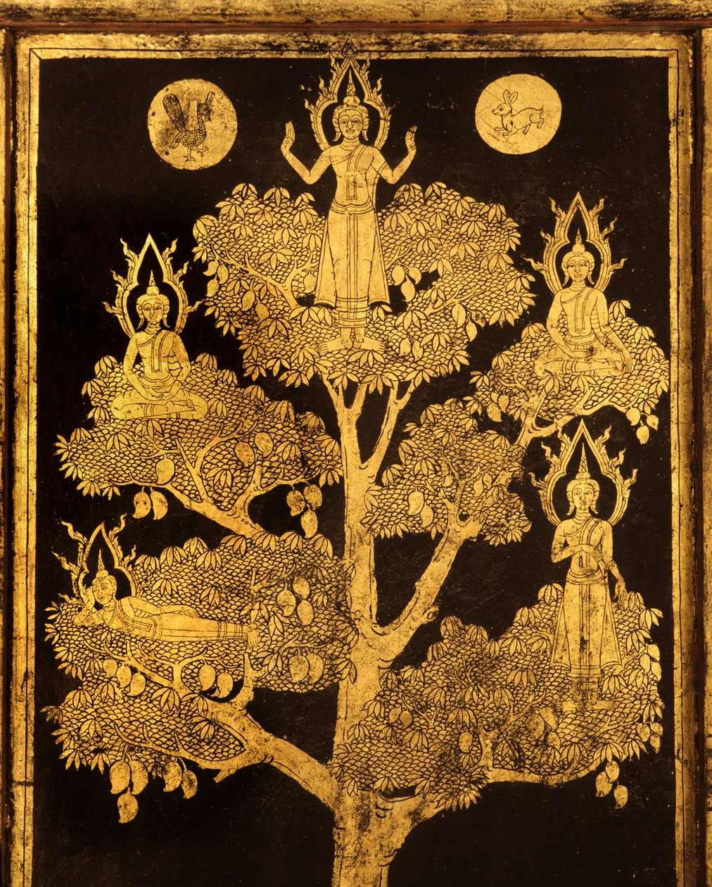 Back panel of a manuscript cabinet with Buddhist scenes, probably late Ayutthaya Period by Siamese School