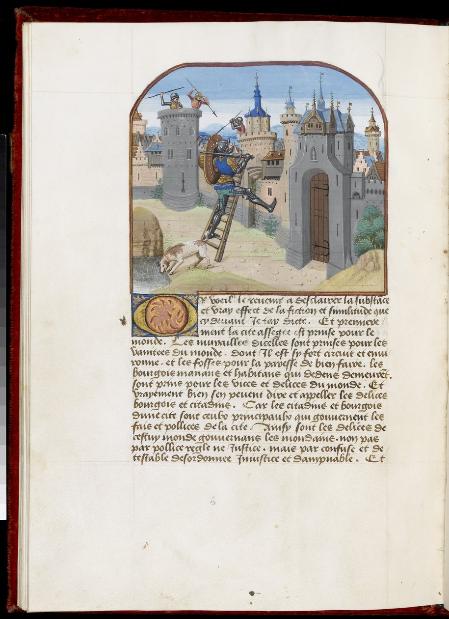 Soldier with Shield and Sword Climbing a Scaling Ladder, from Hesdin or Valenciennes, c.1465-68 by Simon Marmion