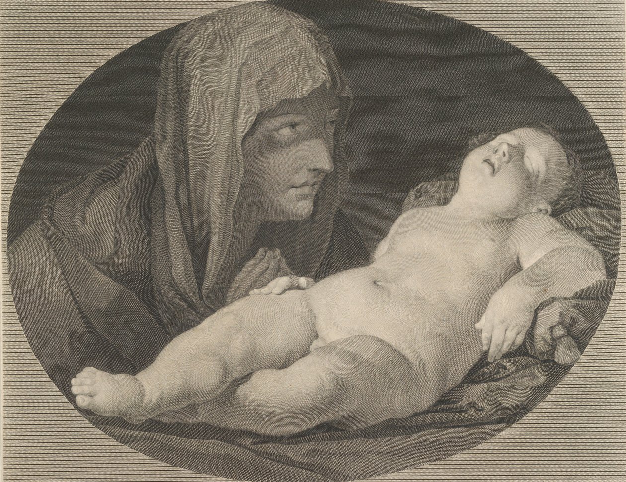 The Virgin in prayer, looking at the sleeping infant Christ, in an oval frame, after Reni by Simon Francois Ravenet