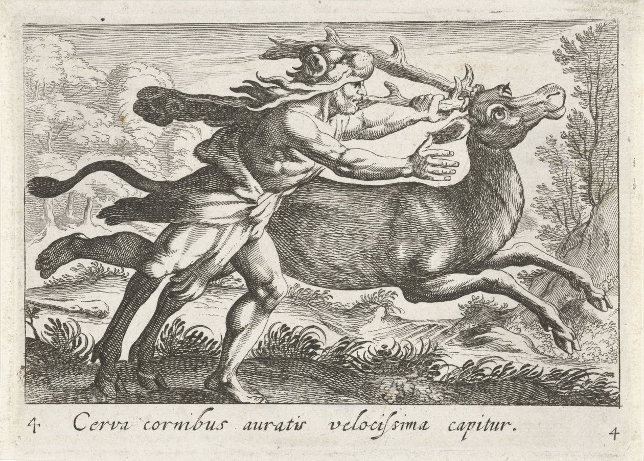 Hercules Captures the Hind of Cerynea (Cerva cornibus auratis velocissima capitur) (Herculean Themes) by Simon Frisius