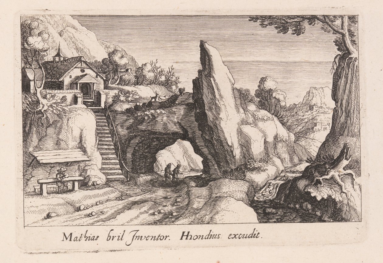 Pair of Figures Walking Under a Rock Bridge, from Topographia Variarum Regionum by Simon Frisius