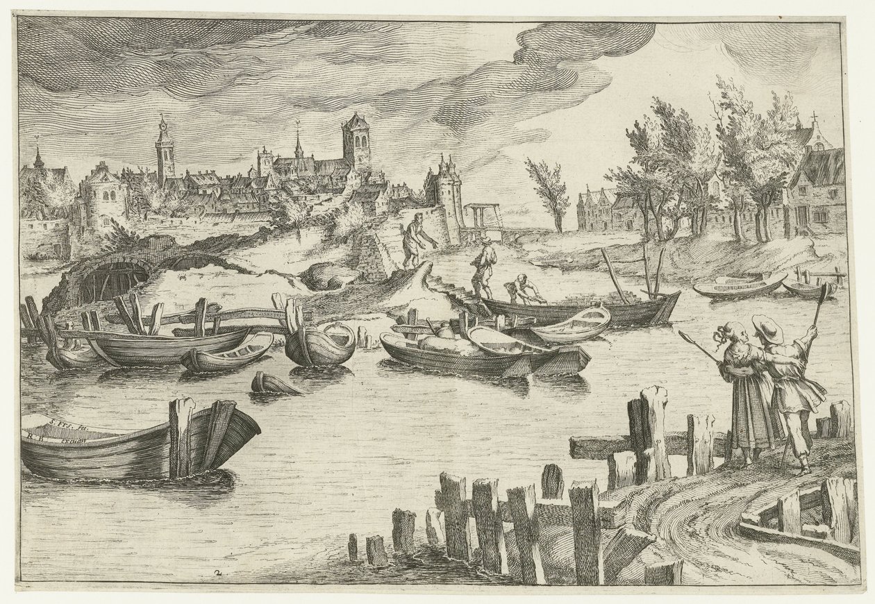 River landscape with a city in the background (Landscapes with figures series) by Simon Frisius