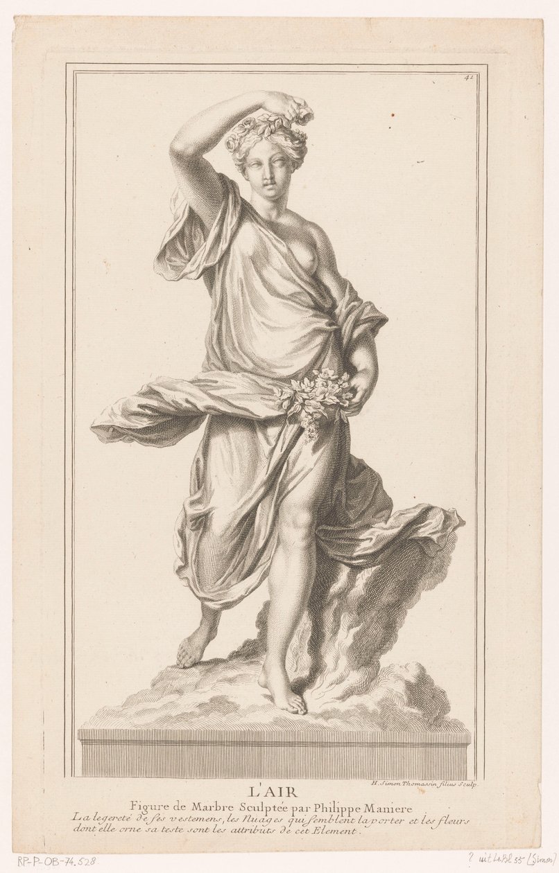 Sculpture of a Young Woman on a Cloud with Roses in Her Hand by Simon Henri Thomassin
