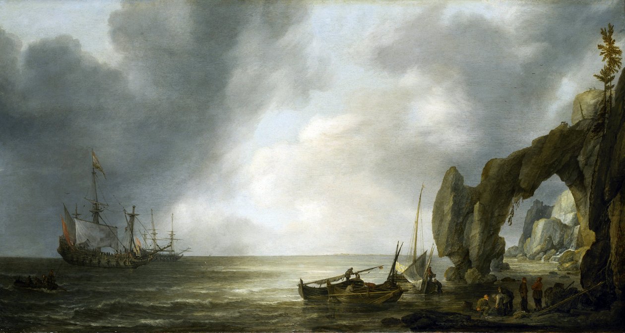 Dutch warships anchored off a rocky coast, a few crewmen landed on the shore, gathered around fishing baskets by Simon Jacobsz. Vlieger
