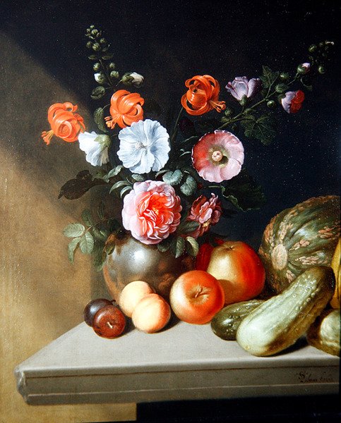 A Still Life of Roses, Delphiniums and Lilies by Simon Peter Tilmann