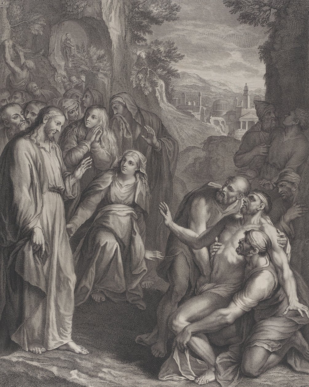 The Raising of Lazarus, with Christ standing at left by Simon Vallee