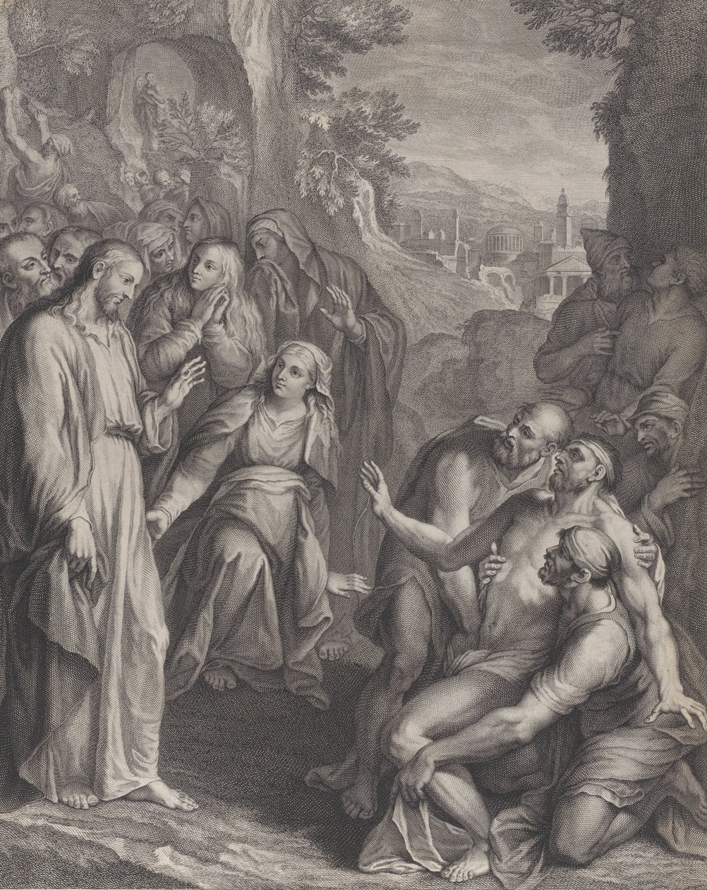The Raising of Lazarus, with Christ standing at left by Simon Vallee