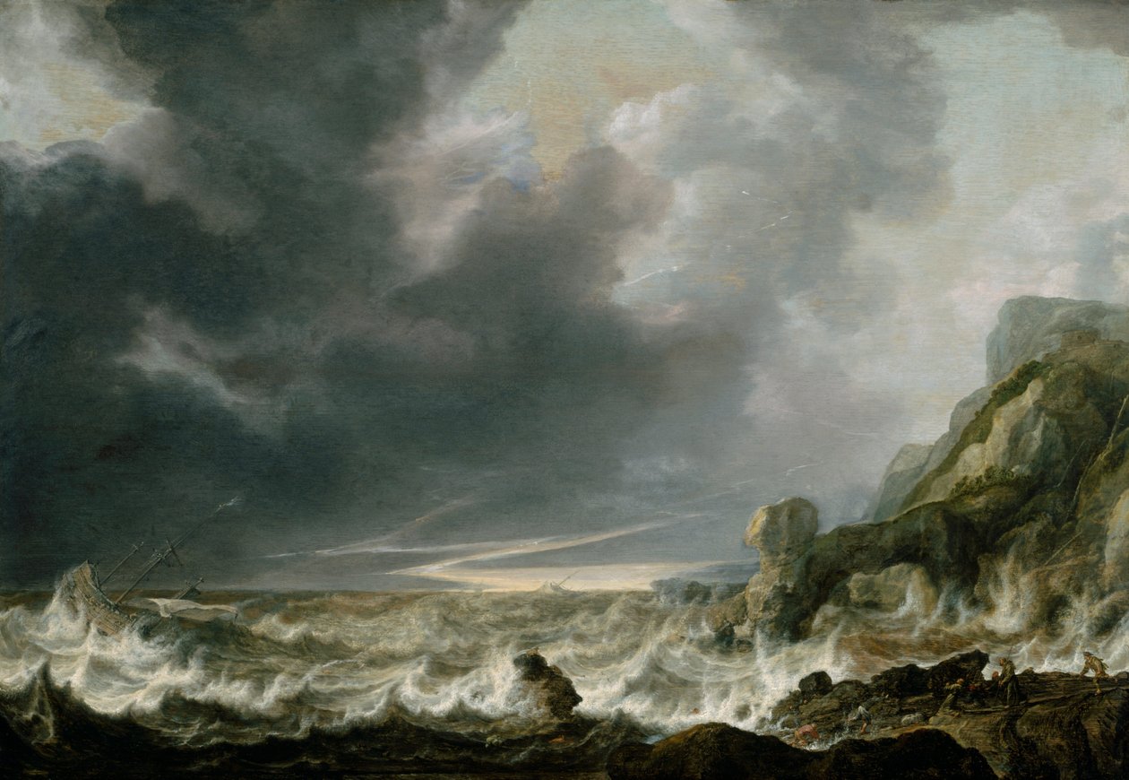 Ship in Distress off a Rocky Coast by Simon de Vlieger