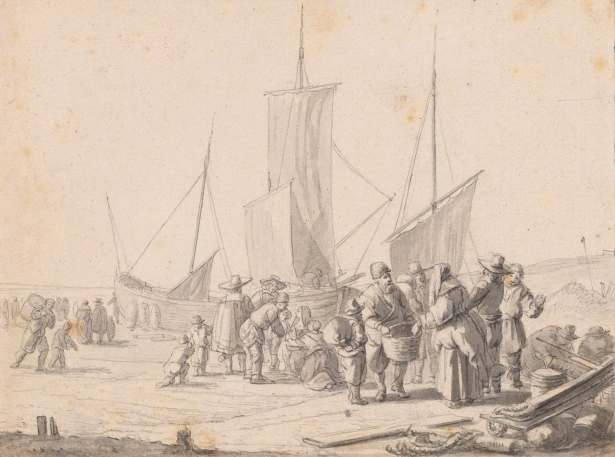 Beach with Fish Sellers by Simon de Vlieger