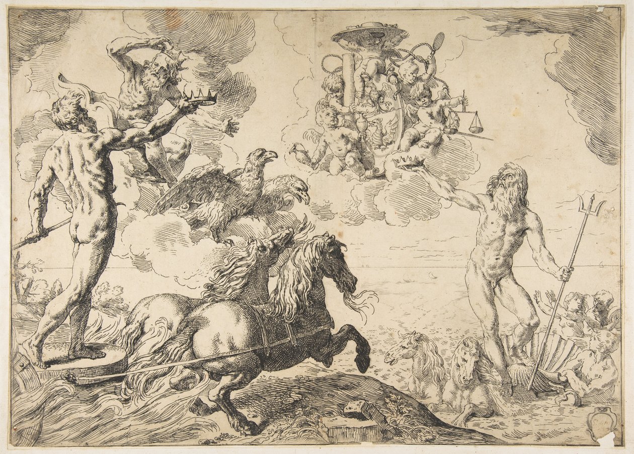 Jupiter, Neptune, and Pluto offering their crowns to the arms of Cardinal Borghese by Simone Cantarini
