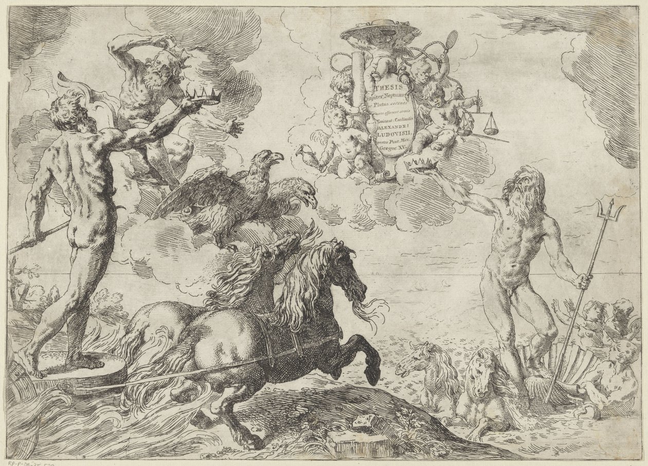 Jupiter, Neptune, and Pluto Offer Their Crowns to the Arms of Cardinal Scipione Borghese by Simone Cantarini