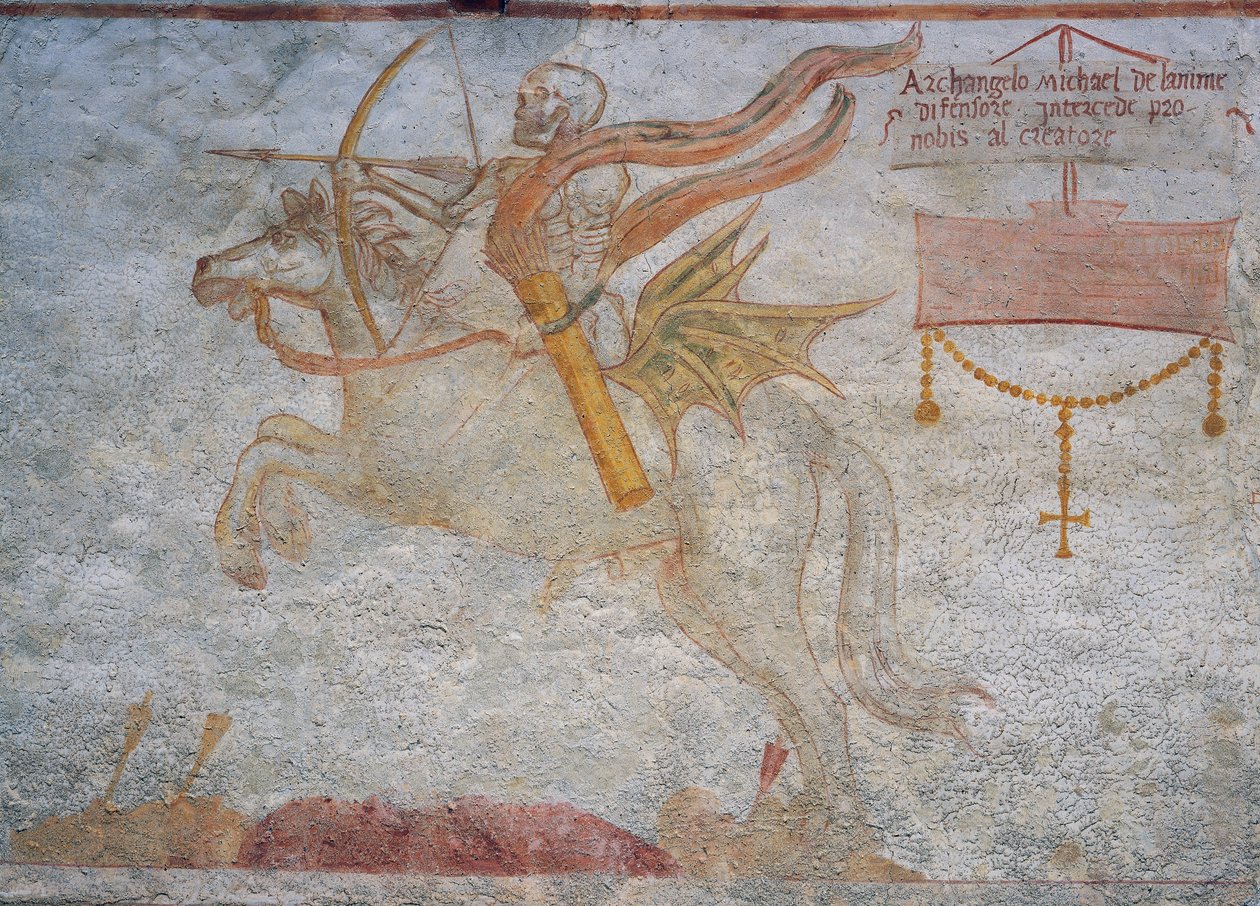 Death riding on horseback aiming arrow by Simone II Baschenis