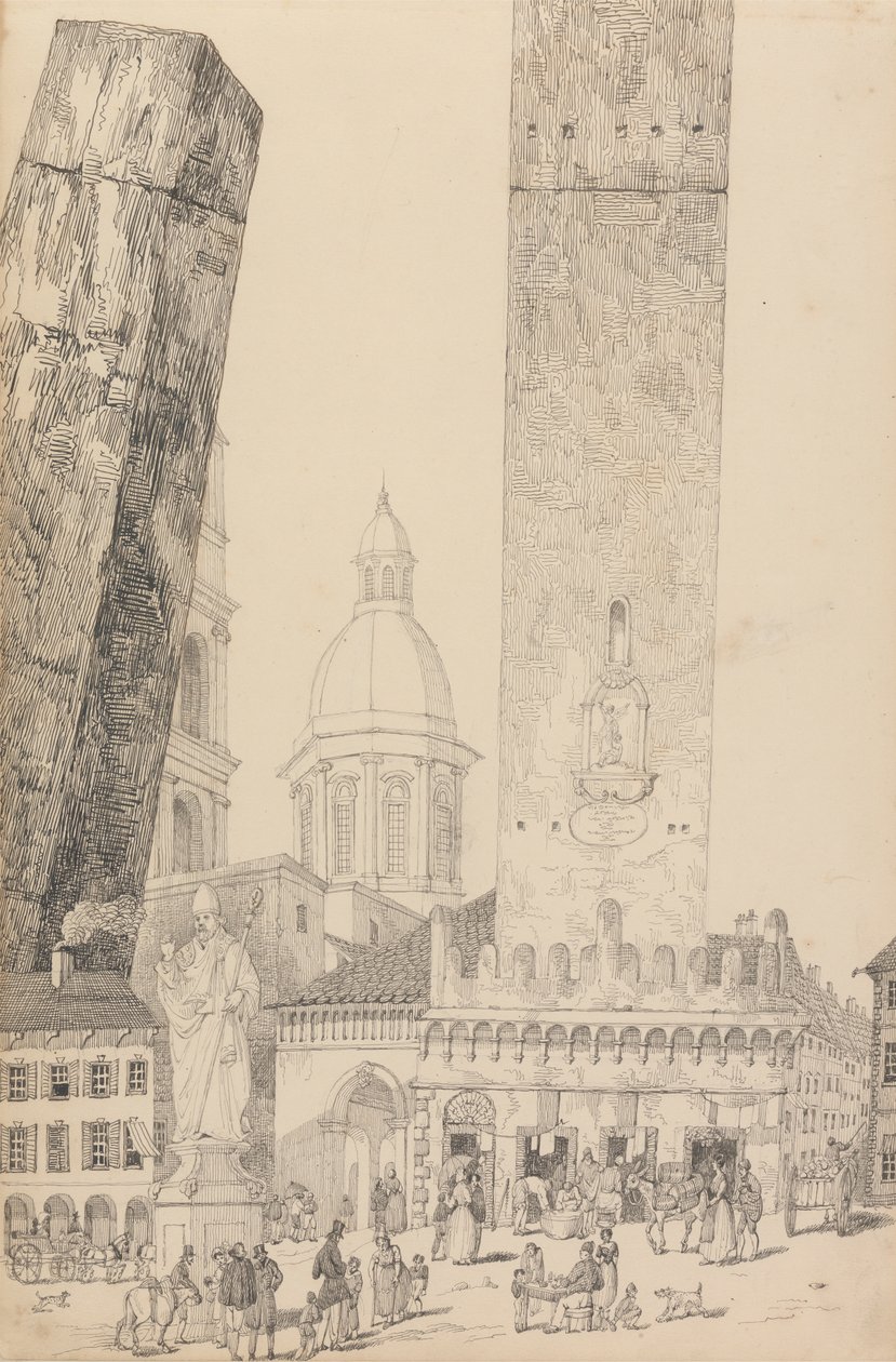Album of 30 Views in the Tyrol and Italy: Leaning Towers, Statue of St. Francis, Bologna 12th Nov.r 1840 by Sir Charles D