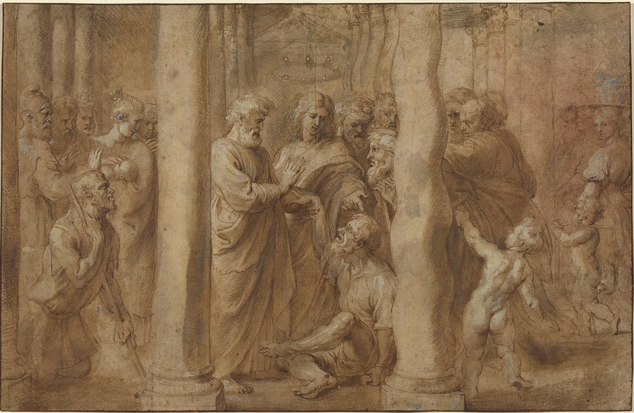 The Miracle of the Lame Man Healed by Saint Peter and Saint John by Sir Peter Paul Rubens over Anonymous Italian after Parmigianino after Raphael