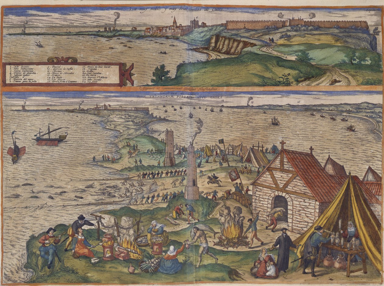 Views of Cadiz (hand coloured engraving) by Spanish School