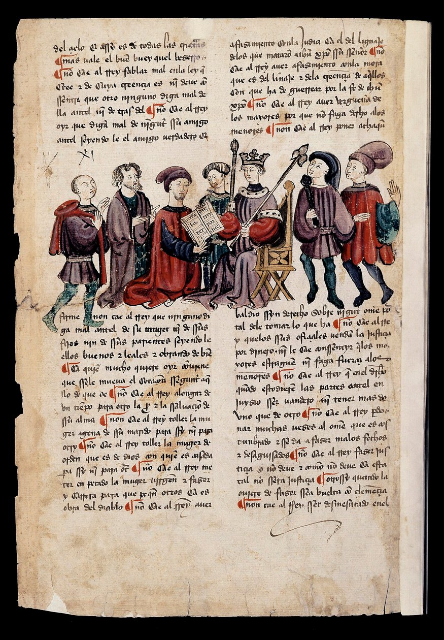 A man presents a book to the king, miniature in 