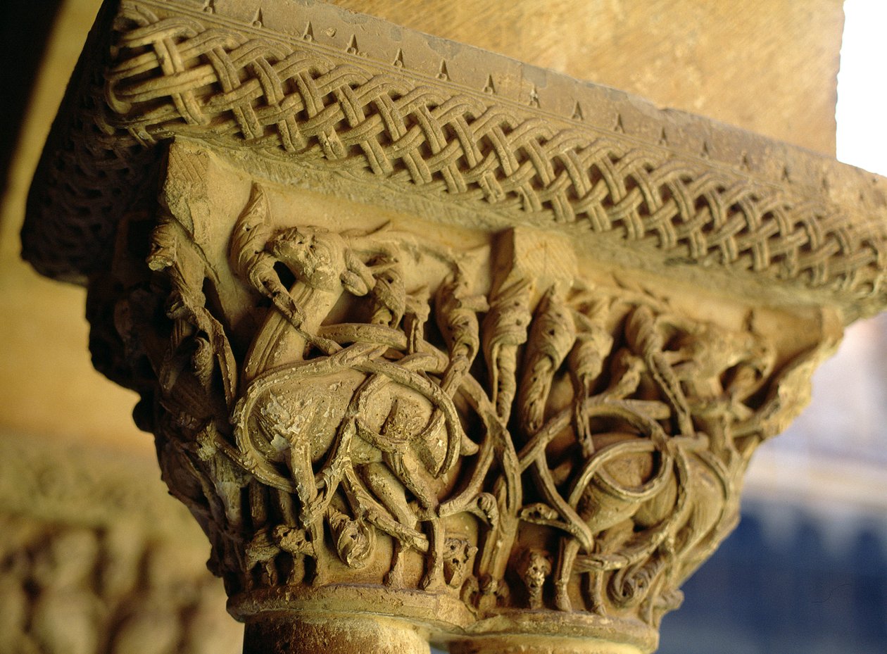 Carved capital on west side of cloister by Spanish School