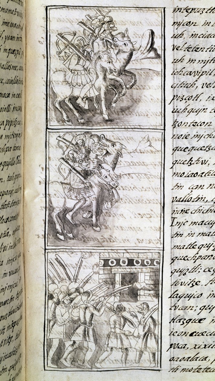Codex of the conquest of Mexico: the Spaniards ready to attack the city of Tenochtitian. Miniature of the Florentine manuscript 