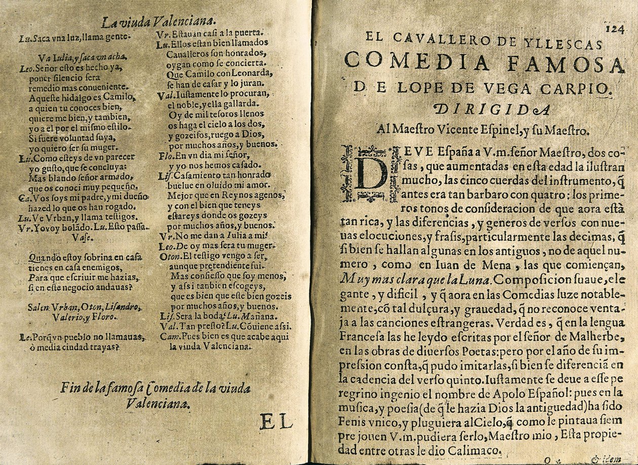 Spanish musician and classic poet Vicente Espinel; Felix Lope de Vega, “El cavallero de Yllescas”, comedy included in “Parte catorze de las comedias de Lope de Vega”, compilation published in Madrid by the widow of Fernan by Spanish School