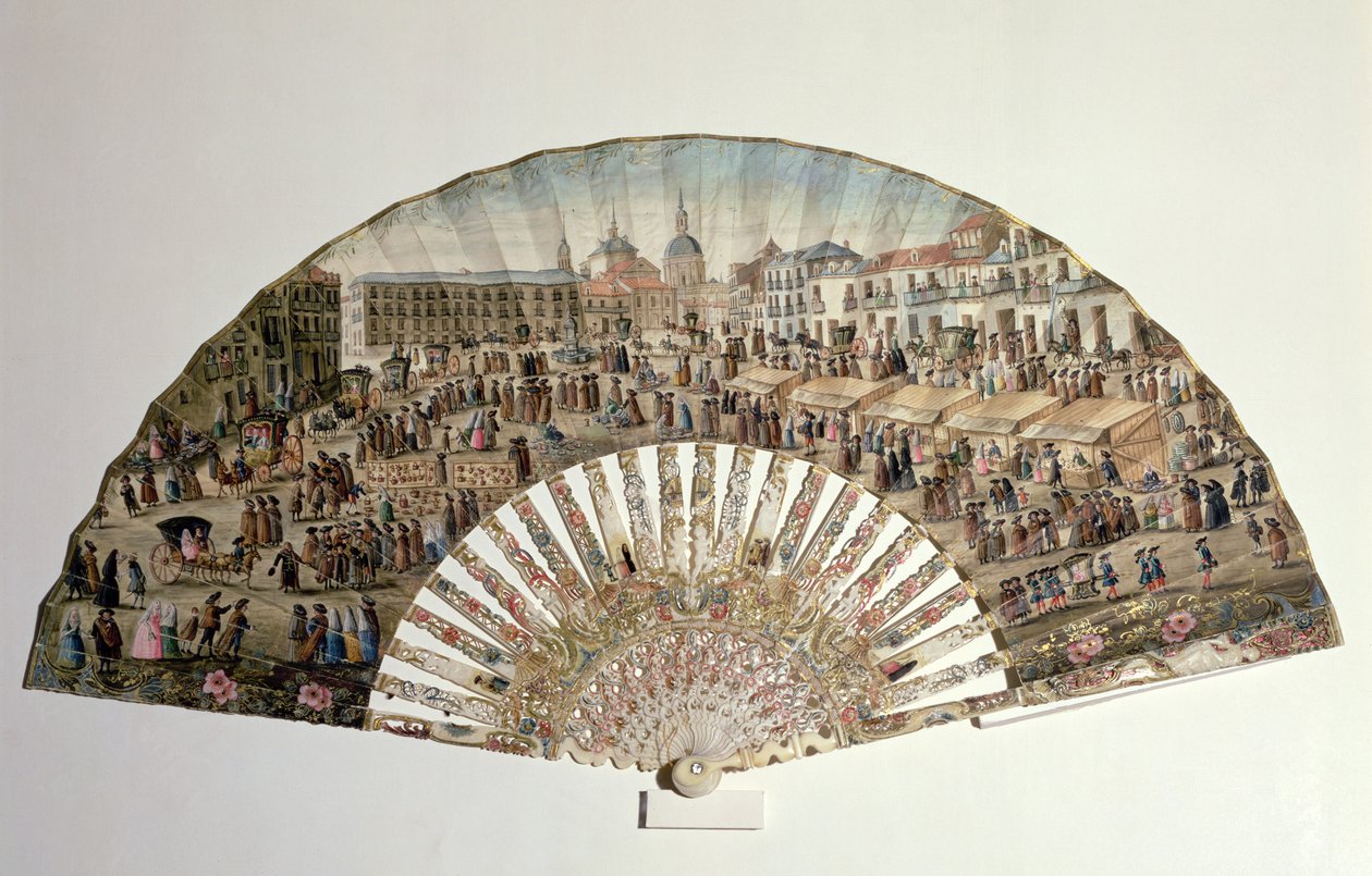 Fan depicting the Plaza de la Cebada, Madrid by Spanish School