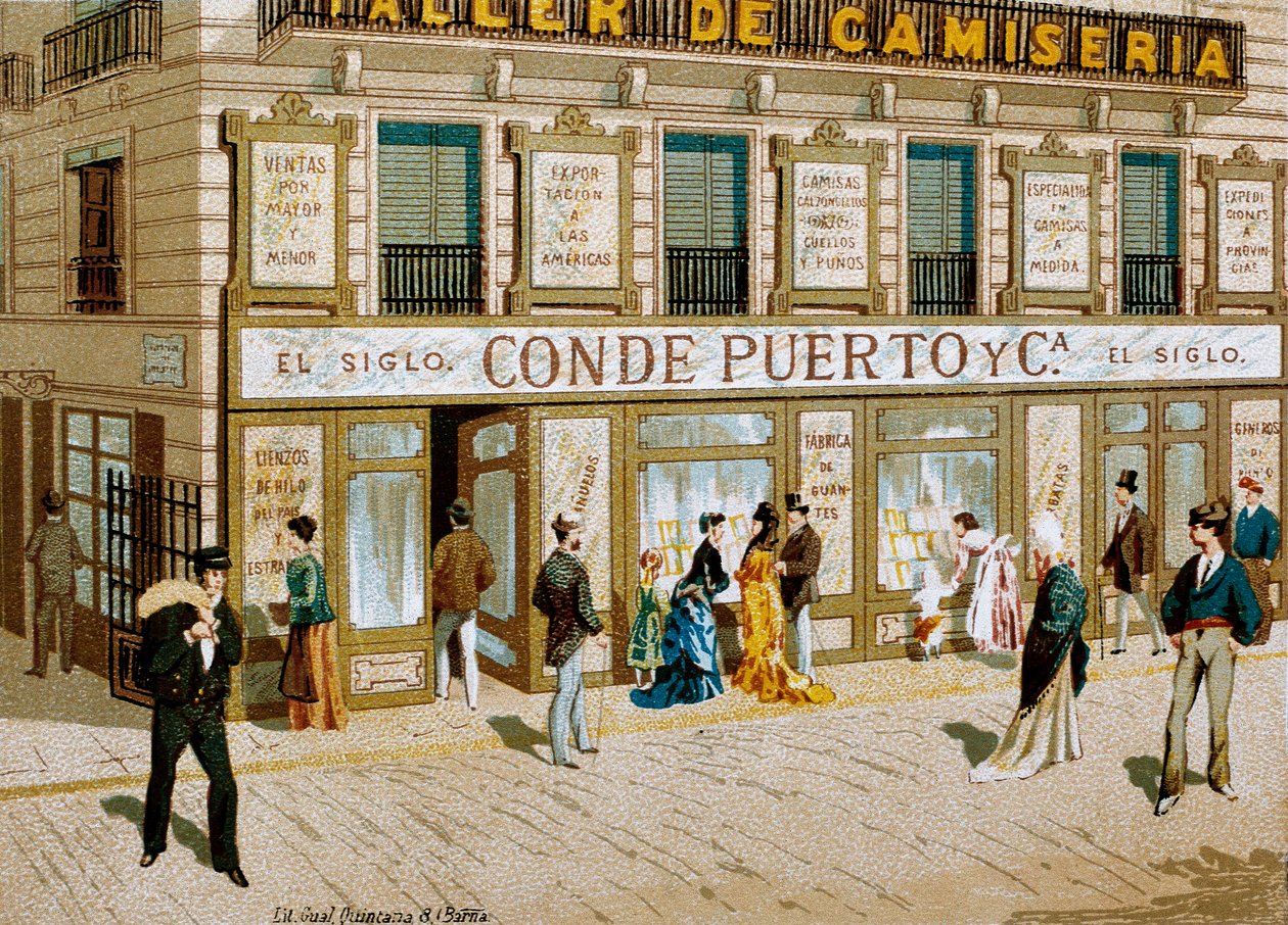Fashion: advertising poster for the fabric shop "Conde Puerto" boutique, Barcelona (19th century) by Spanish School