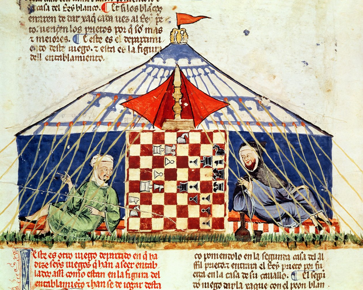 Two arabs playing chess in a tent, from the Book of Games, Chess, Dice and Boards, 1282 by Spanish School