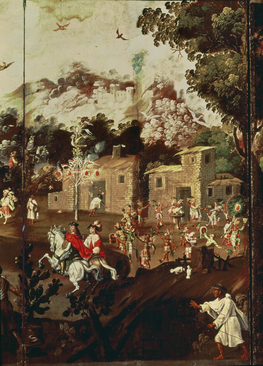 Panel from a folding screen depicting a series of stone houses with Indians dancing in celebration by Spanish School