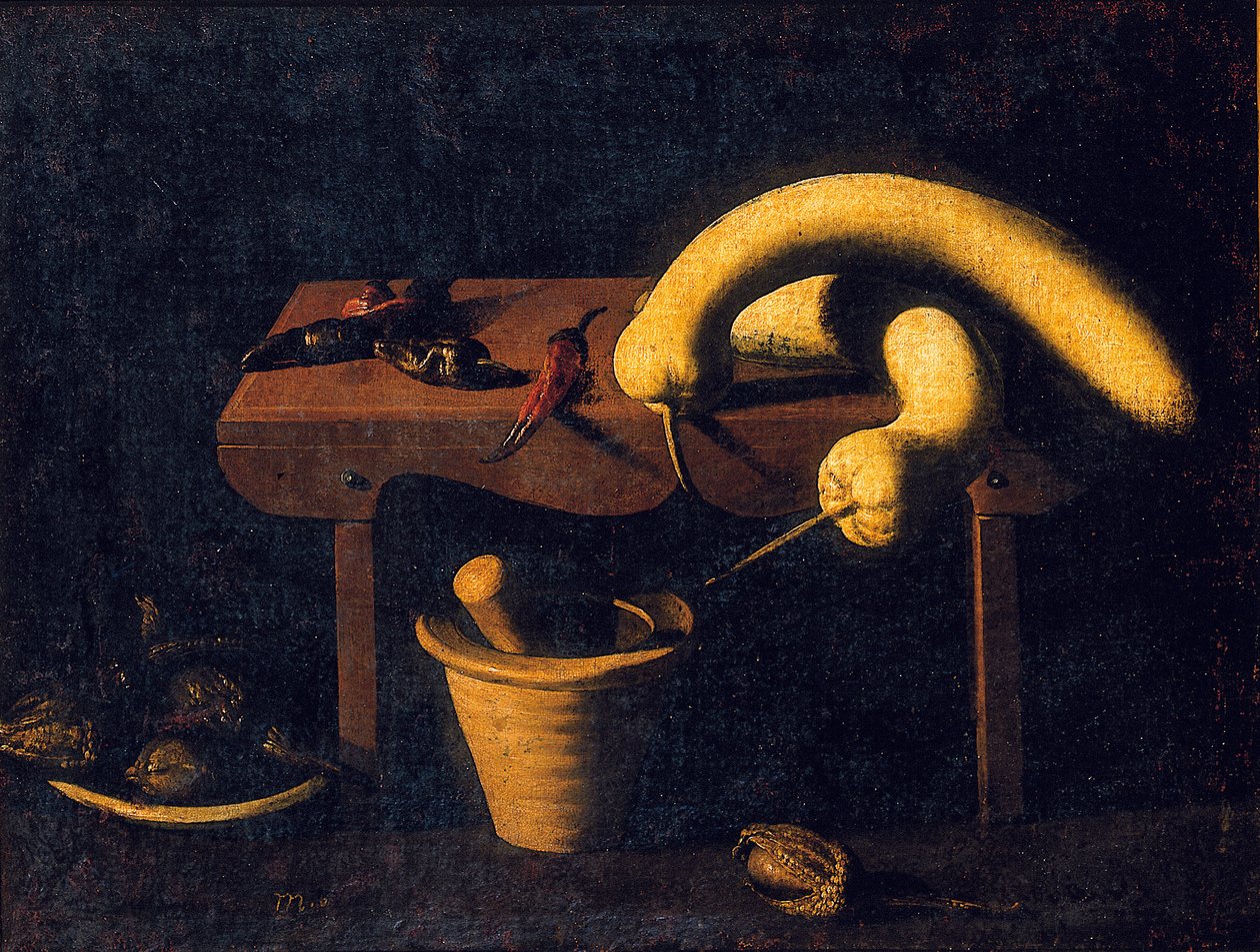 Still life with peppers and pumpkins on a bench with a mortar and pestle and dead birds by Spanish School