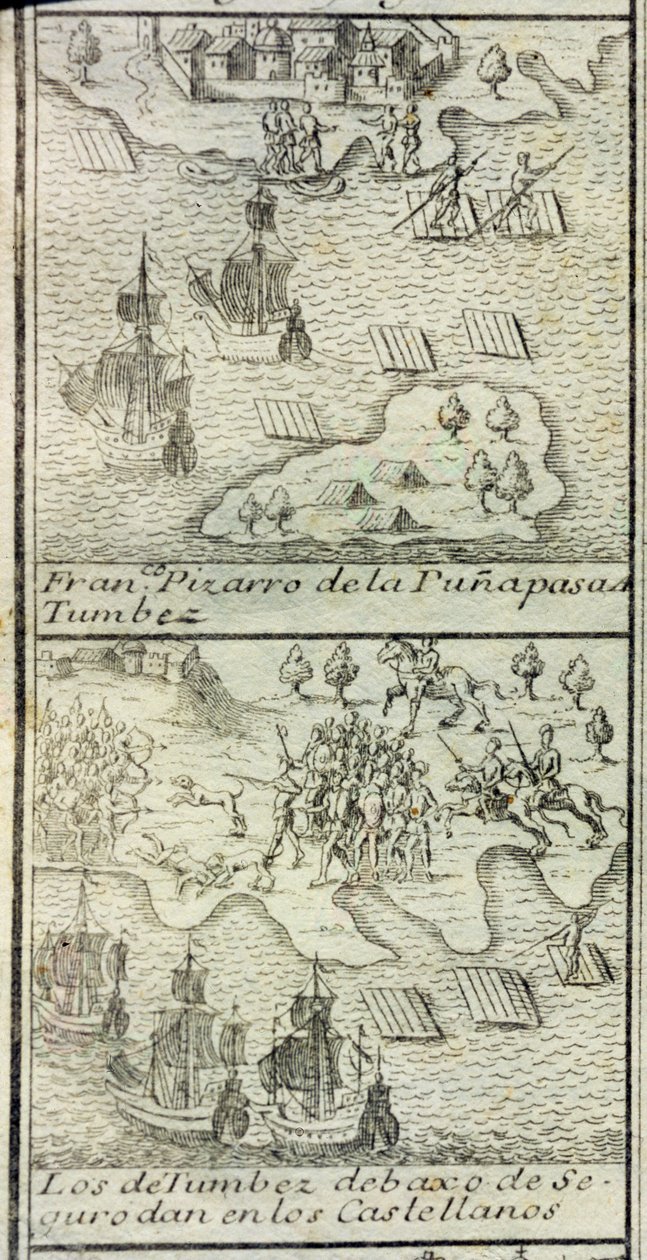 The Arrival of Francisco Pizarro with 180 Men and Three Ships at Tumbes by Spanish School