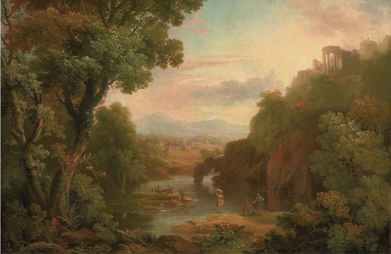 A Classical Landscape with Fishermen and a Washerwoman, a Hilltop Villa and Mountains Beyond by Sr. George Barret