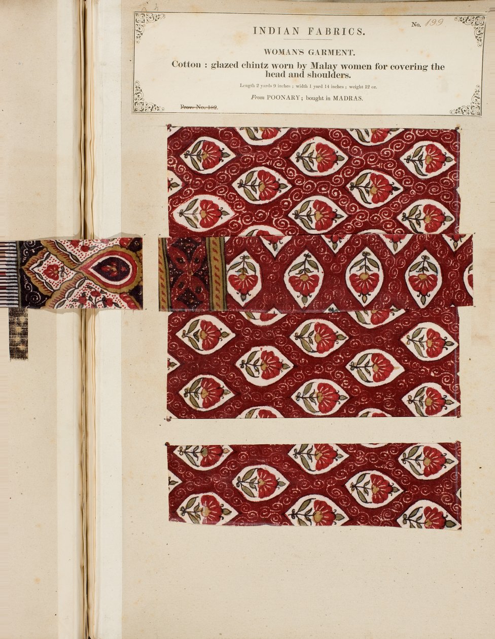 Cotton glazed chintz sample from Poonary, bought in Madras, from The Collection of the Textile Manufacturers of India, by John Forbes Watson, published in 1866 by Sri Lankan School