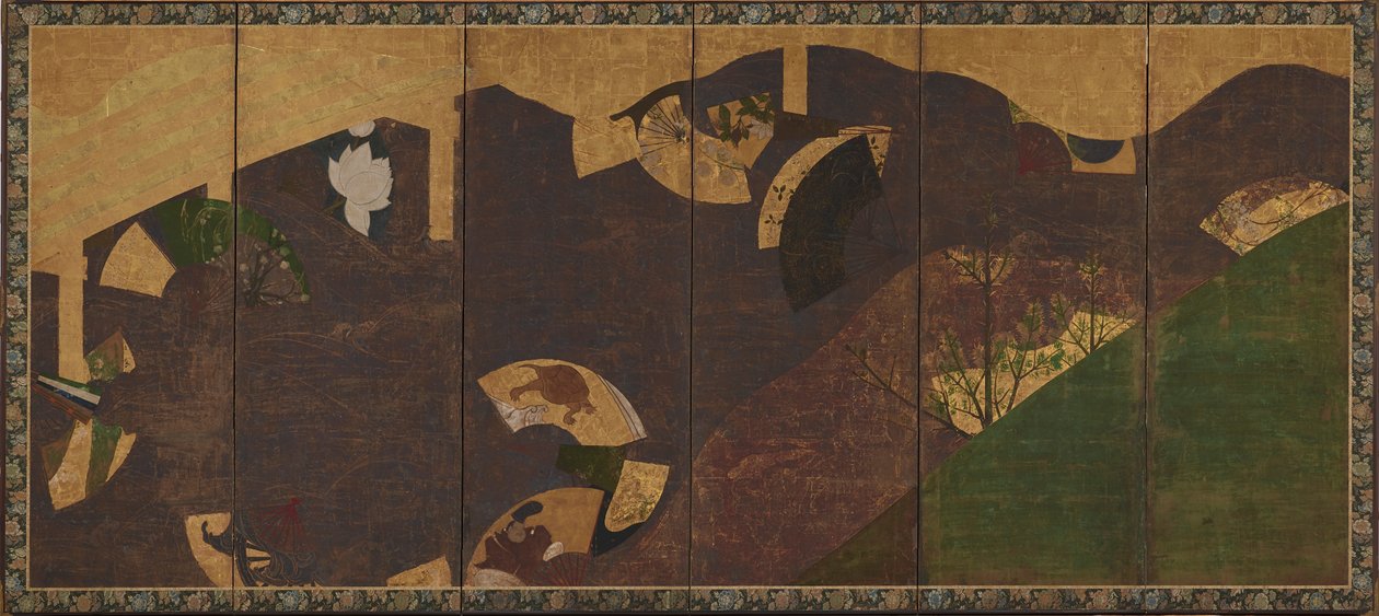 Ivy Vines, Bridges and Floating Fans, Momoyama or Edo Period by Sôtatsu