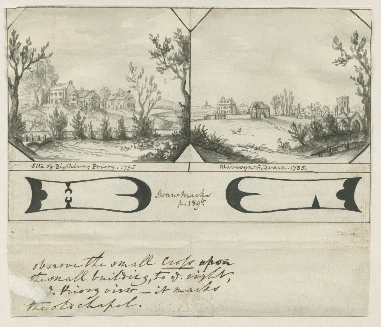 Mavesyn Ridware Hall - Gatehouse: indian ink drawing by Stebbing Shaw
