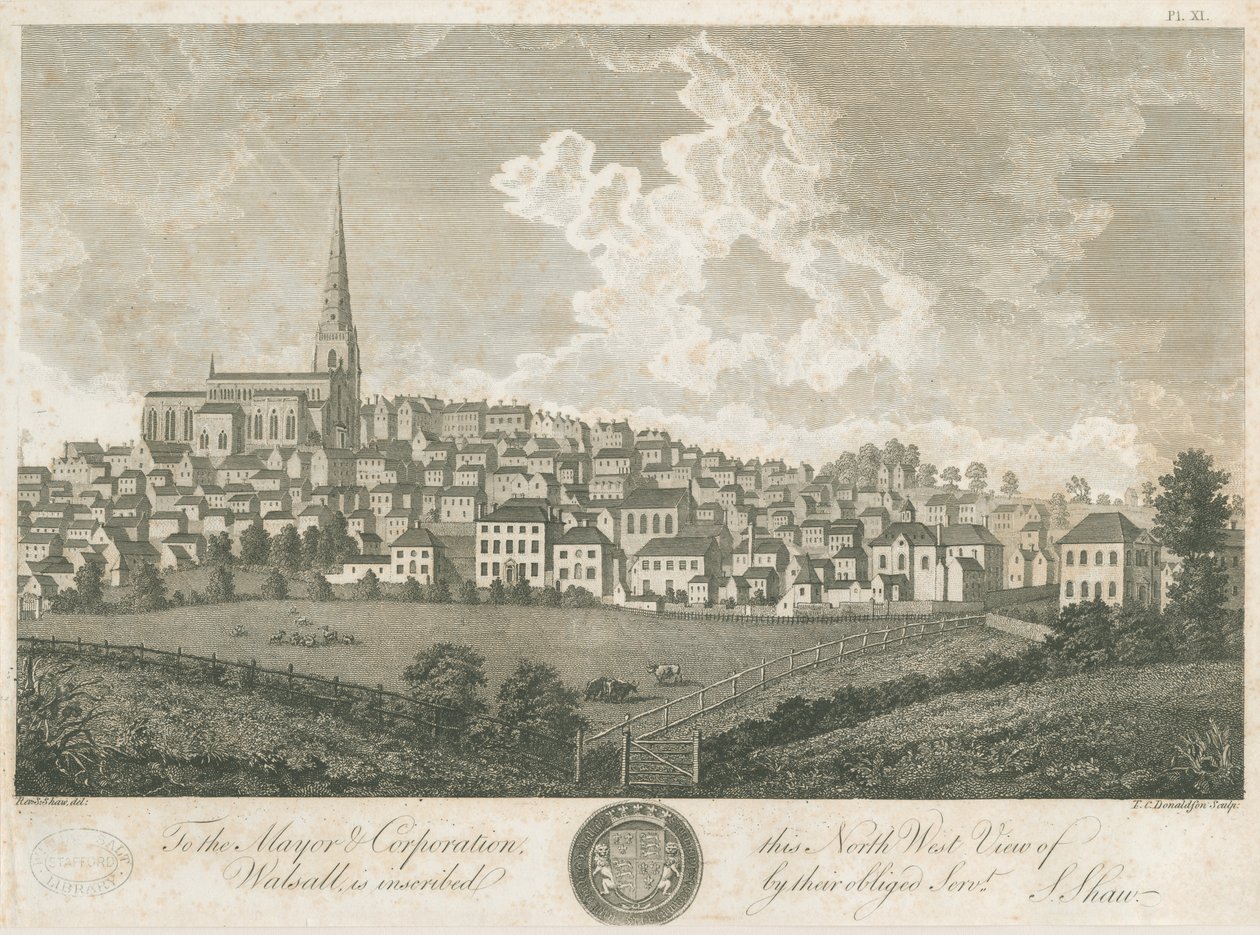 Walsall Town - North West View: Engraving, c.1798 by Stebbing Shaw